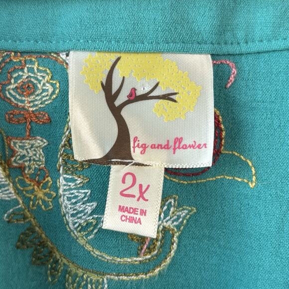 Anthropologie Fig And Flower Top 2X Teal Green Boho Peasant Floral Embroidered - Picture 2 of 9